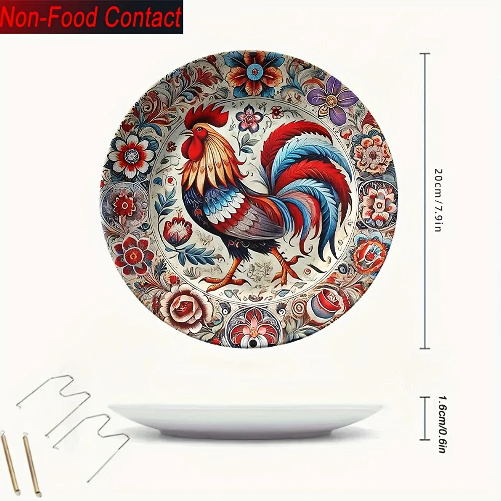 Rooster Floral Ceramic Decorative Plate – Red, Blue & Golden Home Décor