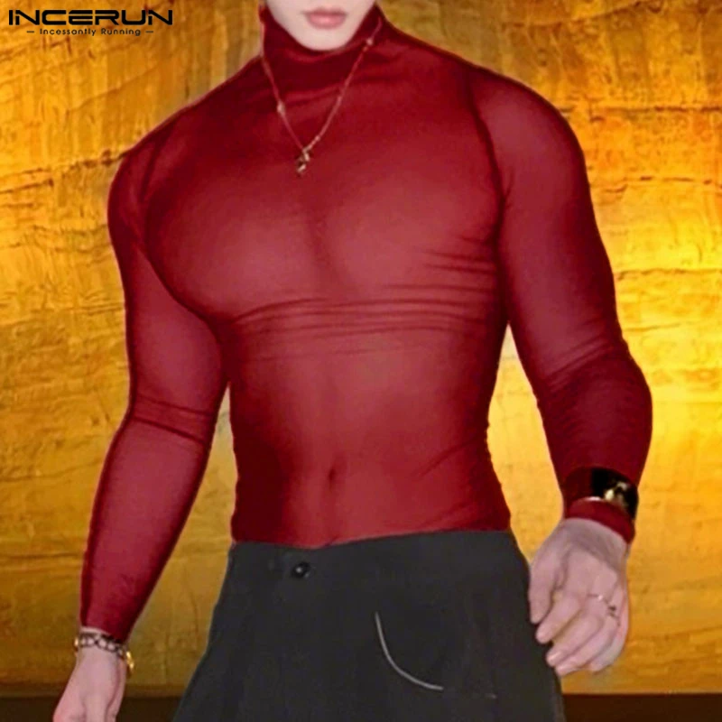 Men's Mesh Long Sleeve Turtleneck T-Shirt See Through Slim Fit Casual Streetwear Top