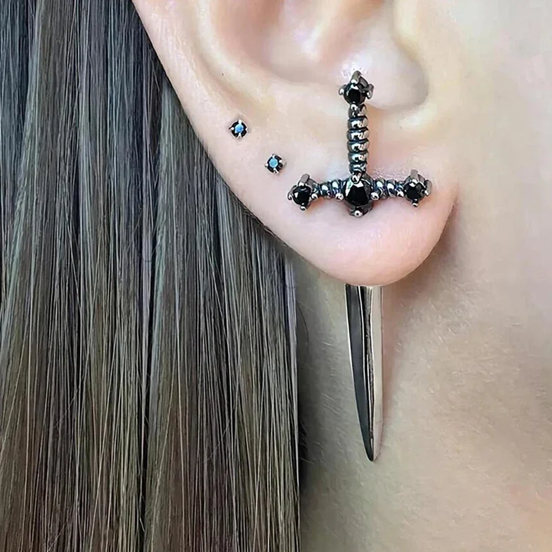Hip Hop Cross Sword Stud Earrings | Gothic Crystal Fashion Jewelry for Men & Women