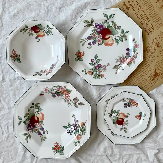 Underglaze Hand-Painted Green Octagonal Plate – Country Fruit Peach & Berry Dinnerware