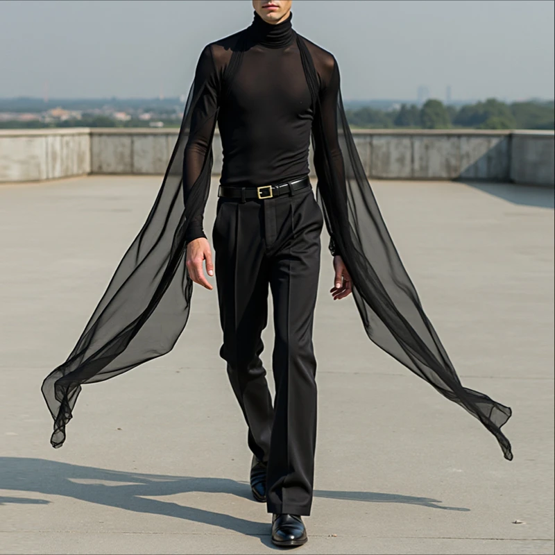 Men T Shirt Mesh Patchwork Turtleneck Long Sleeve See Through Men Clothing Streetwear Sexy Fashion Irregular Tee Tops