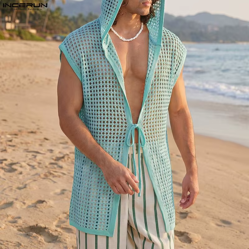 INCERUN Men's Hollow Out Hooded Tank Top | See-Through Lace-Up Sleeveless Vest | Vacation Streetwear | FREE SHIPPING 🌴