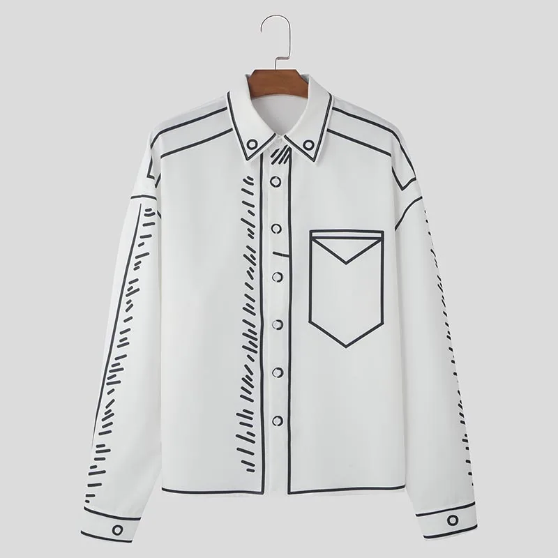 INCERUN Handsome Men Tops 2024 Manga Cartoon Printed Line Shirt Fashion Male Streetwear Hot Sale Loose Long Sleeved Blouse S-5XL