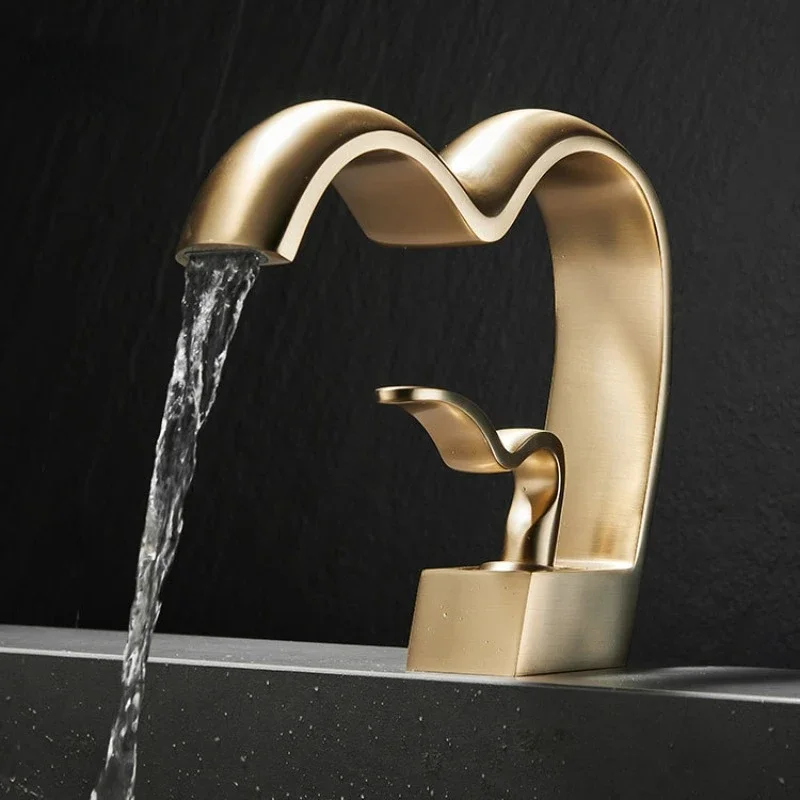 Brass Waterfall Bathroom Faucet Hot & Cold Heart-Shaped Basin Sink Mixer Tap