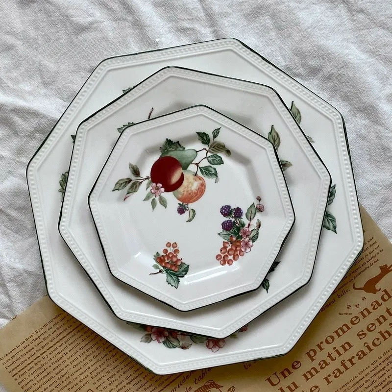 Underglaze Hand-Painted Green Octagonal Plate – Country Fruit Peach & Berry Dinnerware