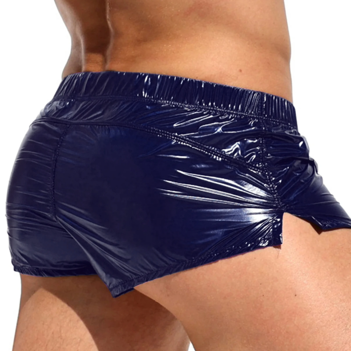 Mens Low Rise Shorts Slim Fit Glossy Shorts Sides Slit Solid Color Trunks for Vacation Beach Pool Party Nightclub