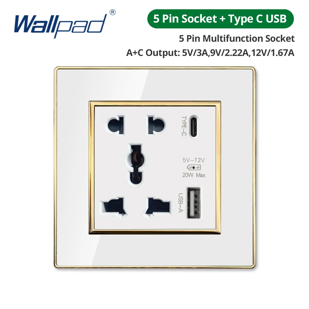 Wallpad White Acrylic Panel With Gold Border 2 Way Wall Light Switch With LED Indicator EU Electric Outlet With USB