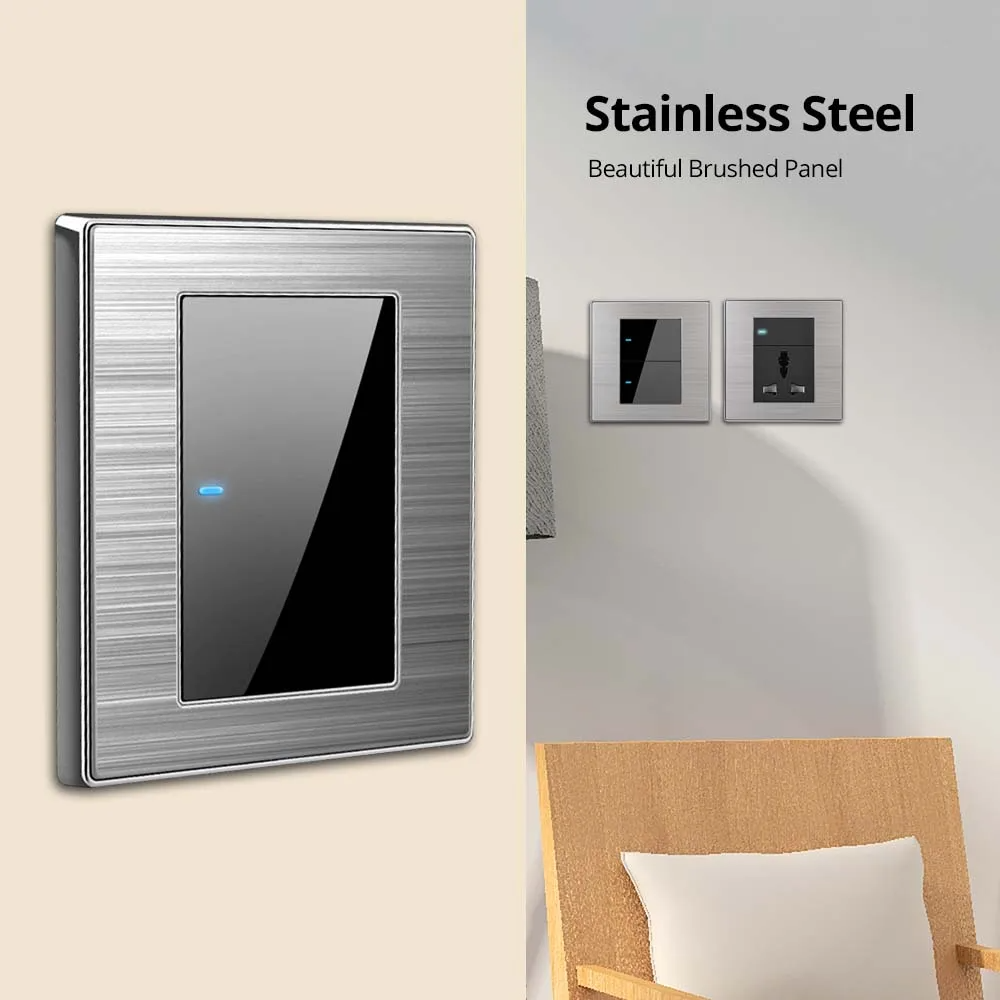 Wallpad LED Light Switch Wall Switches Stainless steel Panel Sockets One-side Click Acrylic Button Interrupteur AC110~250V