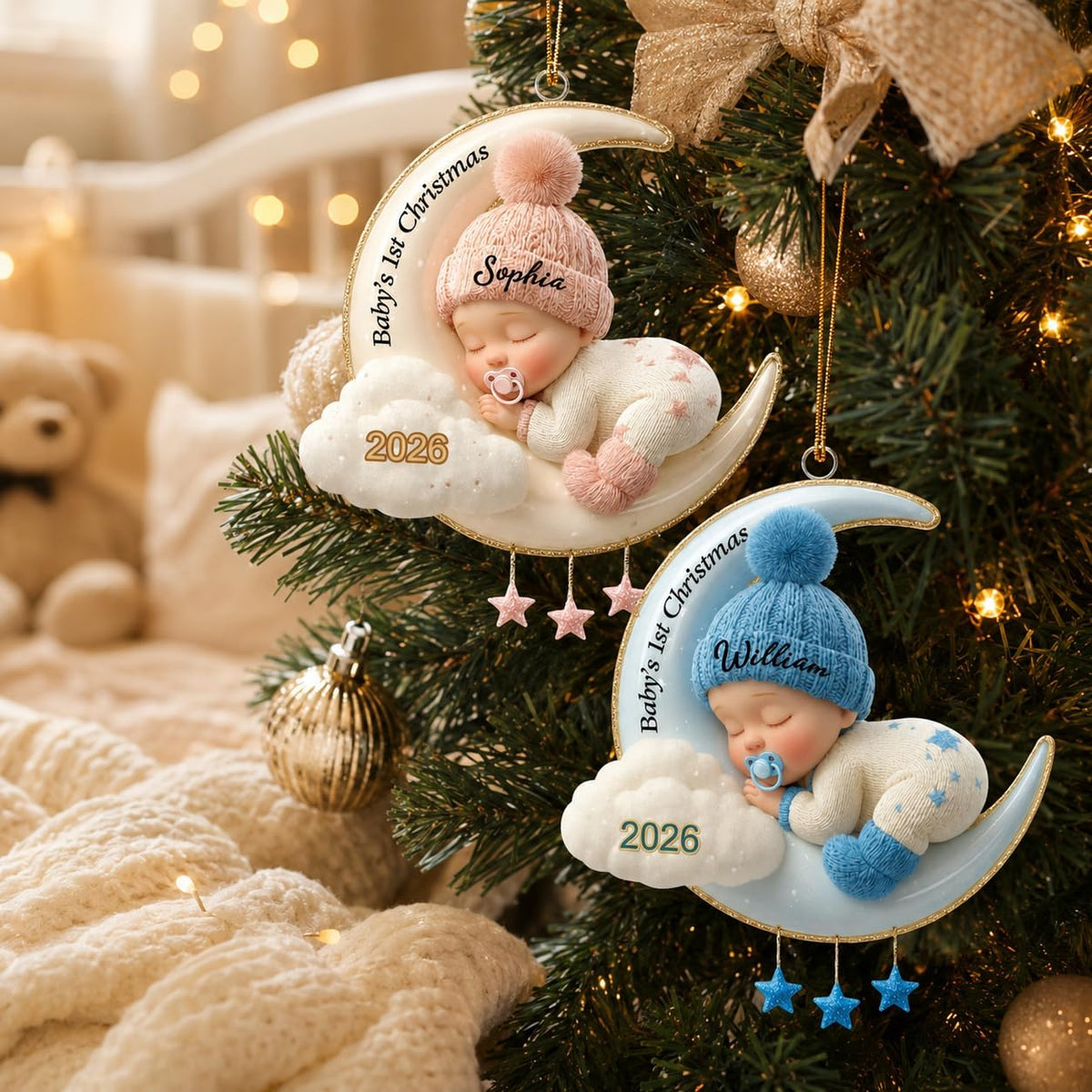 2D Flat,Personalized Baby's First Christmas 2026 ornament with custom baby name and date, sleeping baby design and 2D flat style. Perfect keepsake for parents & grandparents.