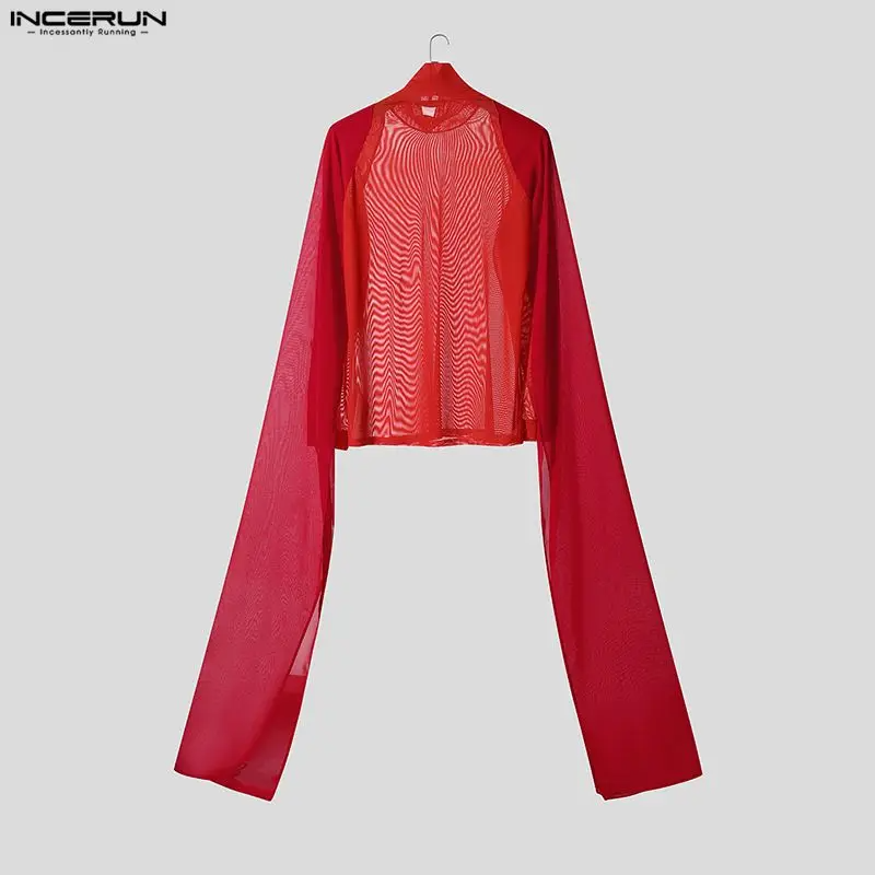Men T Shirt Mesh Patchwork Turtleneck Long Sleeve See Through Men Clothing Streetwear Sexy Fashion Irregular Tee Tops