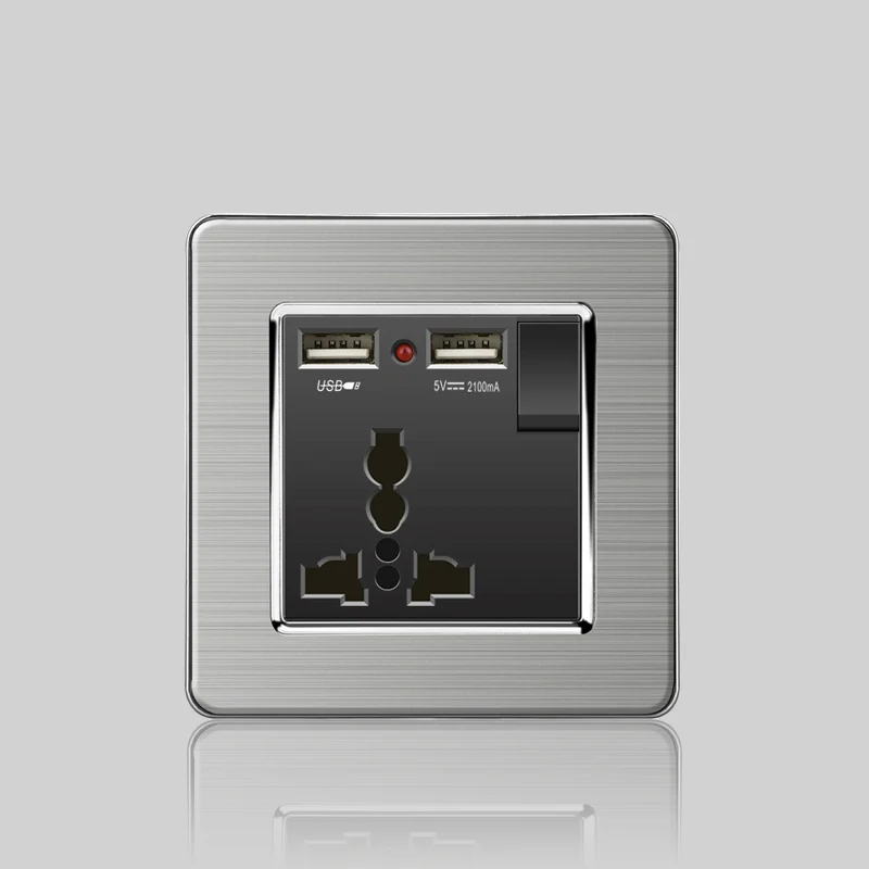 Wall LED Light Universal Switch Stainless steel Panel,EU UK USB Type-c 18W Fast Charging Plug socket 1 2 3 Gang 1 2 Way switch