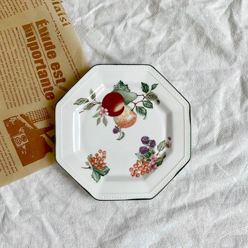 Underglaze Hand-Painted Green Octagonal Plate – Country Fruit Peach & Berry Dinnerware
