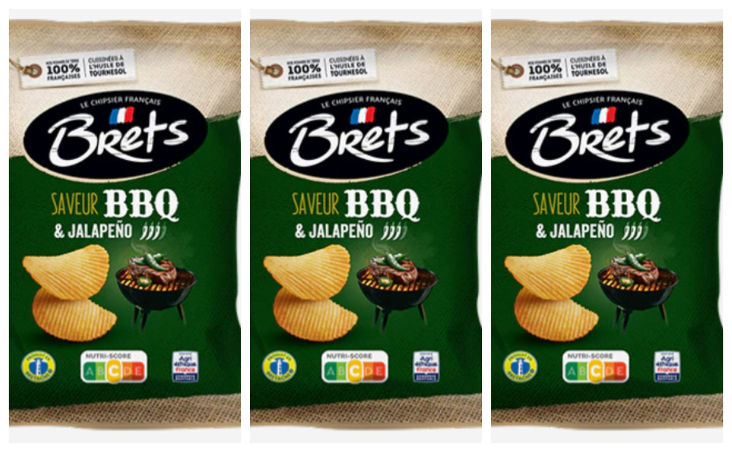 Brets BBQ & Jalapeno Flavored Potato Chips 125g – Pack of 3 French Crisps