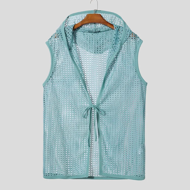 INCERUN Men's Hollow Out Hooded Tank Top | See-Through Lace-Up Sleeveless Vest | Vacation Streetwear | FREE SHIPPING 🌴