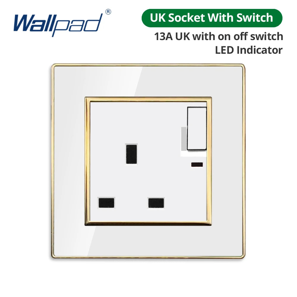Wallpad White Acrylic Panel With Gold Border 2 Way Wall Light Switch With LED Indicator EU Electric Outlet With USB
