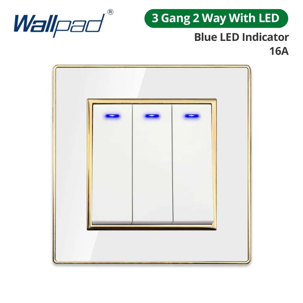 Wallpad White Acrylic Panel With Gold Border 2 Way Wall Light Switch With LED Indicator EU Electric Outlet With USB