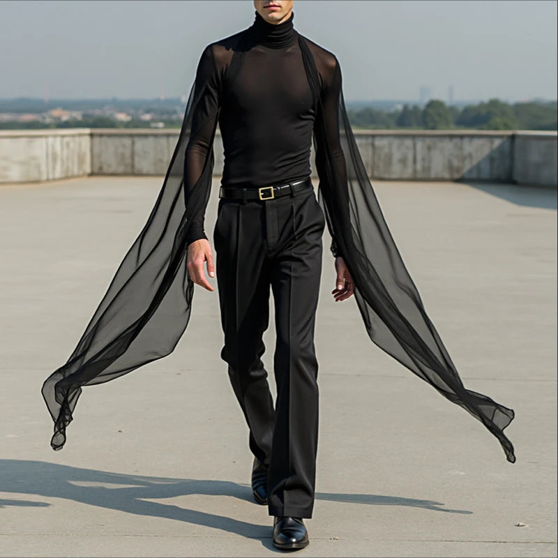 Men T Shirt Mesh Patchwork Turtleneck Long Sleeve See Through Men Clothing Streetwear Sexy Fashion Irregular Tee Tops