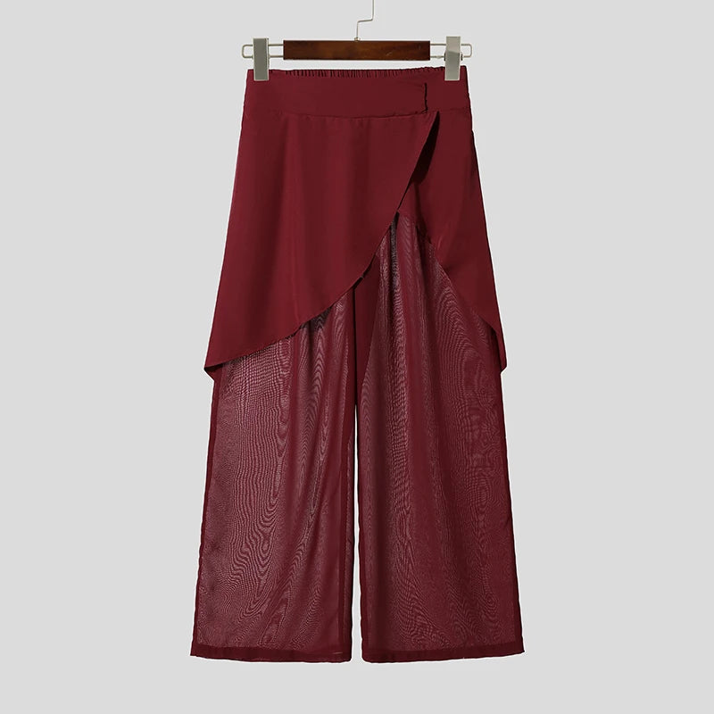 Men's Mesh Patchwork Wide Leg Pants Loose Fit See-Through Streetwear Trousers