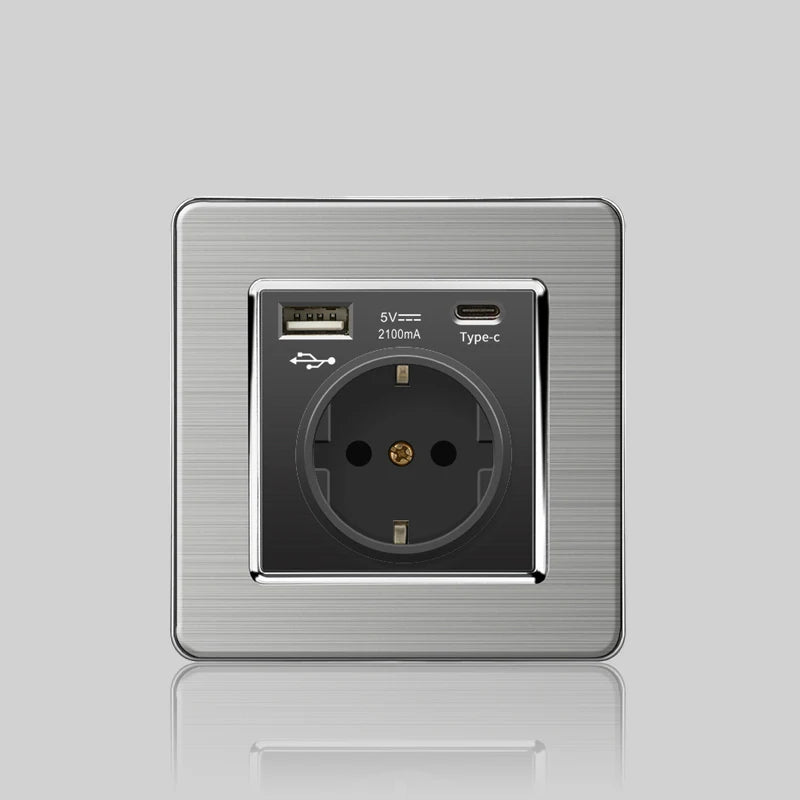 Wall LED Light Universal Switch Stainless steel Panel,EU UK USB Type-c 18W Fast Charging Plug socket 1 2 3 Gang 1 2 Way switch