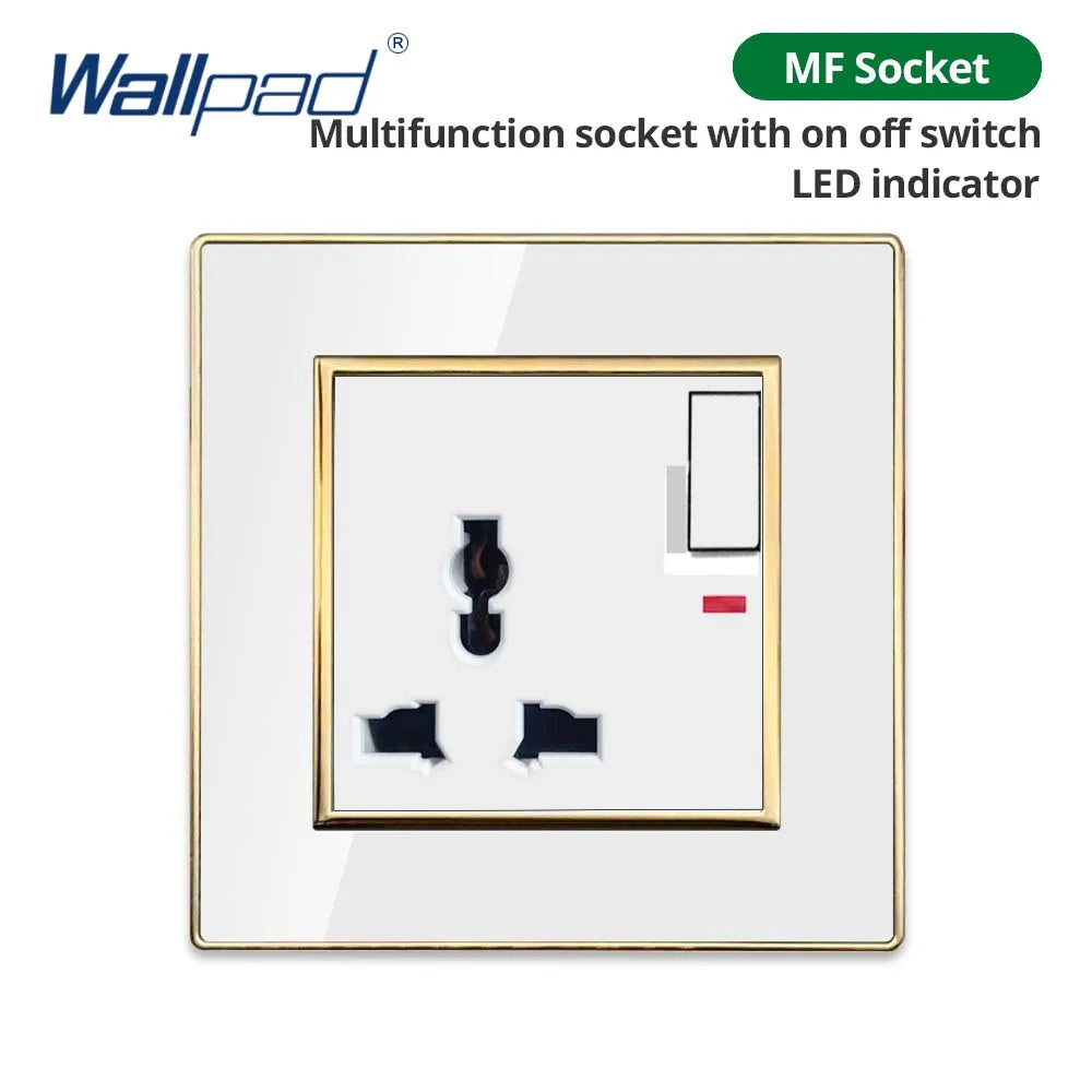 Wallpad White Acrylic Panel With Gold Border 2 Way Wall Light Switch With LED Indicator EU Electric Outlet With USB