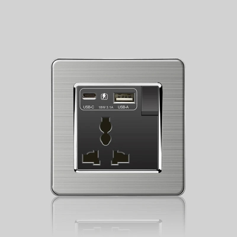 Wall LED Light Universal Switch Stainless steel Panel,EU UK USB Type-c 18W Fast Charging Plug socket 1 2 3 Gang 1 2 Way switch