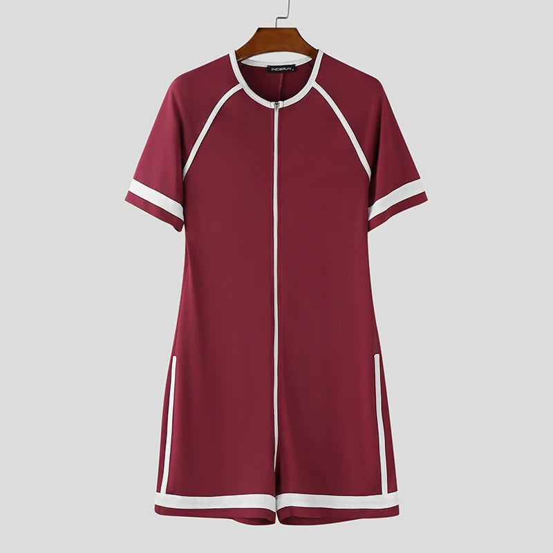 Men's Patchwork Bodysuit Short Sleeve O-Neck Zipper Romper Casual Workout Playsuit