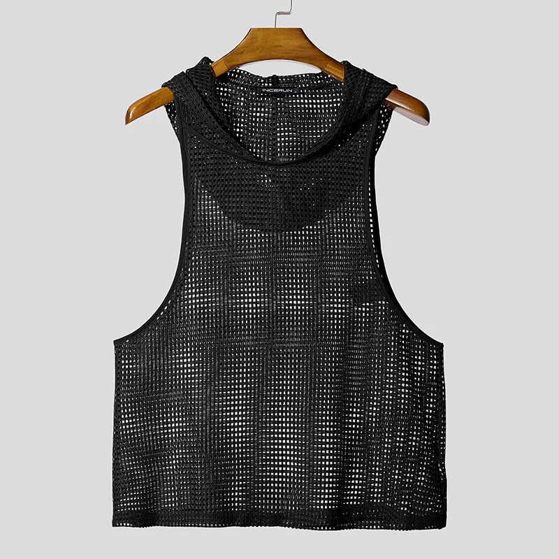 Men Tank Tops Mesh Hollow Out Sexy See Through Hooded Sleeveless Male Vests Solid Streetwear Fashion Men Clothing S-3XL