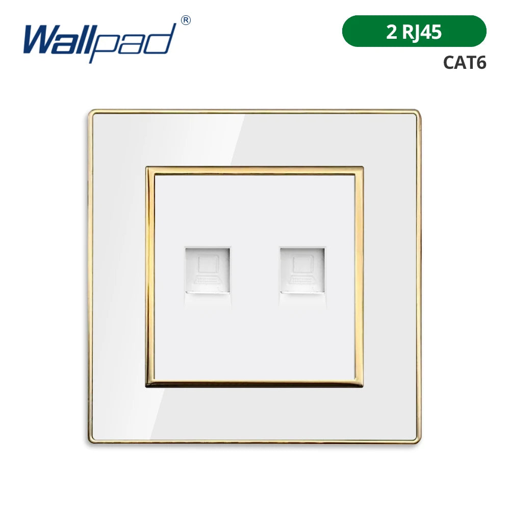 Wallpad White Acrylic Panel With Gold Border 2 Way Wall Light Switch With LED Indicator EU Electric Outlet With USB