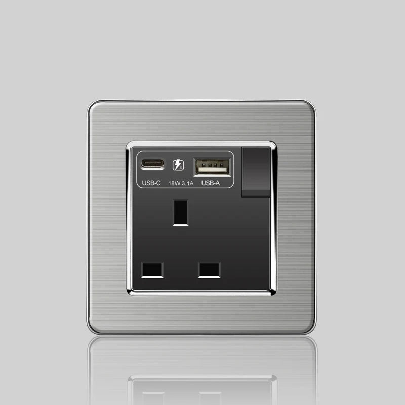Wall LED Light Universal Switch Stainless steel Panel,EU UK USB Type-c 18W Fast Charging Plug socket 1 2 3 Gang 1 2 Way switch