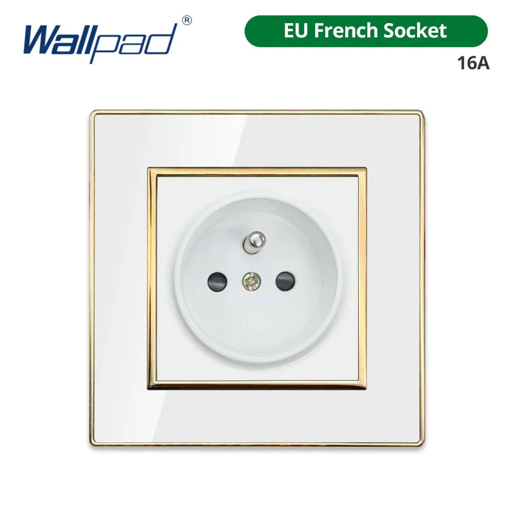 Wallpad White Acrylic Panel With Gold Border 2 Way Wall Light Switch With LED Indicator EU Electric Outlet With USB