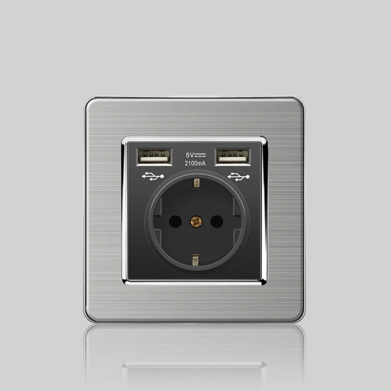 Wall LED Light Universal Switch Stainless steel Panel,EU UK USB Type-c 18W Fast Charging Plug socket 1 2 3 Gang 1 2 Way switch
