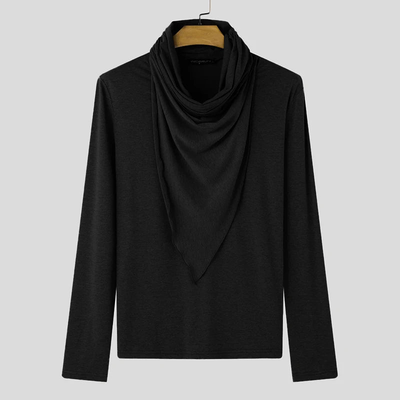 Fashion Casual Tops INCERUN New Men Pile Collar Design Ruffle Edge T-shirts Male City Walk Solid All-match Long Sleeved Camiseta