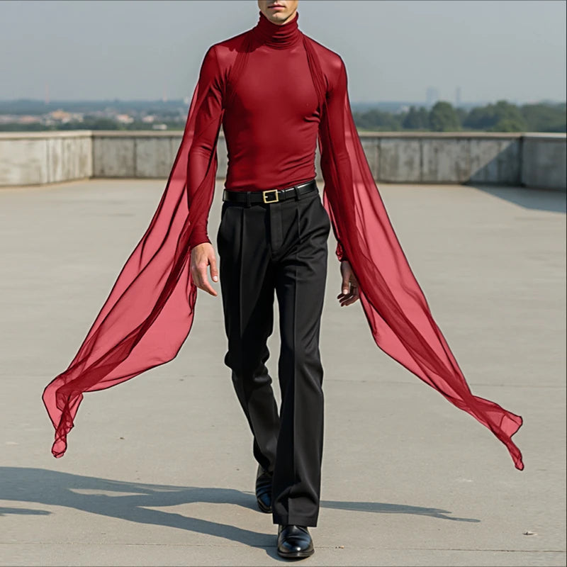Men T Shirt Mesh Patchwork Turtleneck Long Sleeve See Through Men Clothing Streetwear Sexy Fashion Irregular Tee Tops