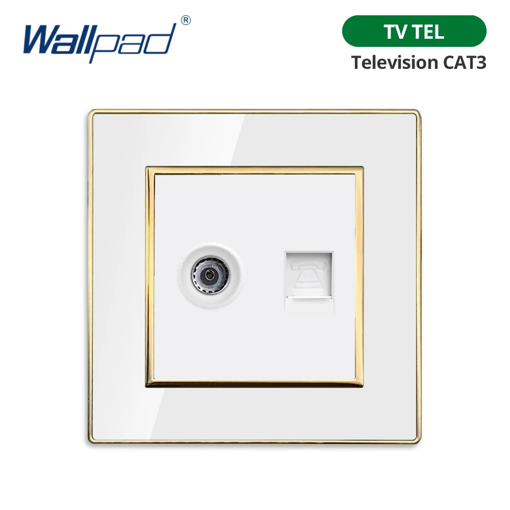 Wallpad White Acrylic Panel With Gold Border 2 Way Wall Light Switch With LED Indicator EU Electric Outlet With USB