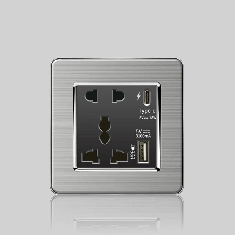 Wall LED Light Universal Switch Stainless steel Panel,EU UK USB Type-c 18W Fast Charging Plug socket 1 2 3 Gang 1 2 Way switch