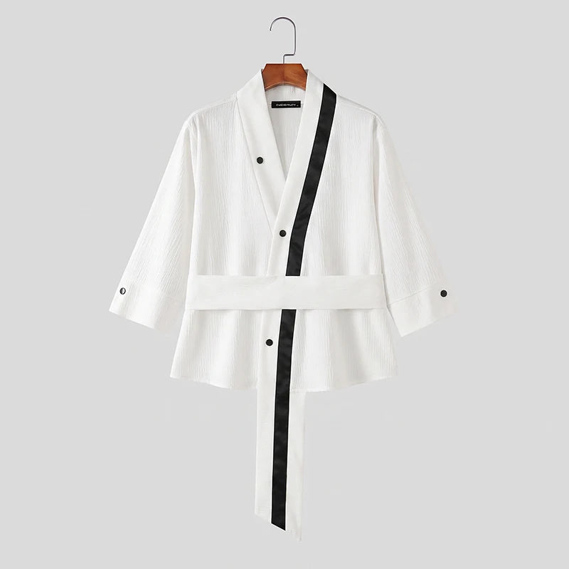 INCERUN Men's Shirt Patchwork V Neck 3/4 Sleeve Casual Irregular Shirts For Man Streetwear 2026 Color-block Fashion Men Clothes