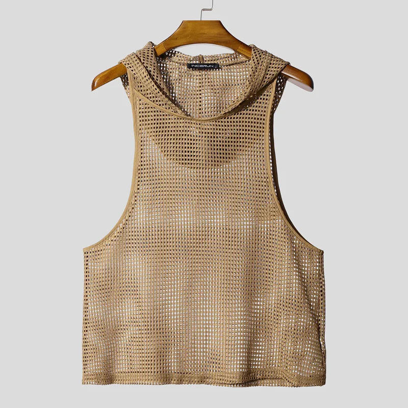 Men Tank Tops Mesh Hollow Out Sexy See Through Hooded Sleeveless Male Vests Solid Streetwear Fashion Men Clothing S-3XL
