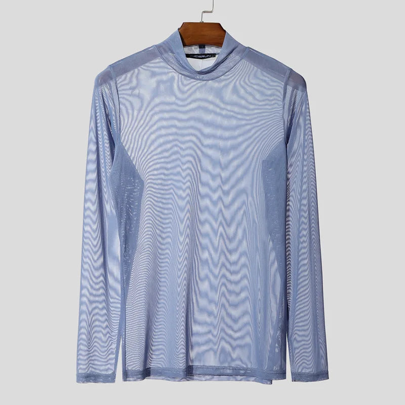 Men's Mesh Long Sleeve Turtleneck T-Shirt See Through Slim Fit Casual Streetwear Top