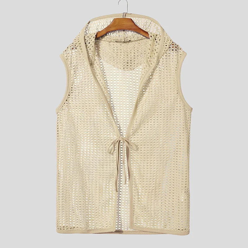 INCERUN Men's Hollow Out Hooded Tank Top | See-Through Lace-Up Sleeveless Vest | Vacation Streetwear | FREE SHIPPING 🌴
