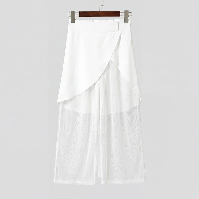 Men's Mesh Patchwork Wide Leg Pants Loose Fit See-Through Streetwear Trousers