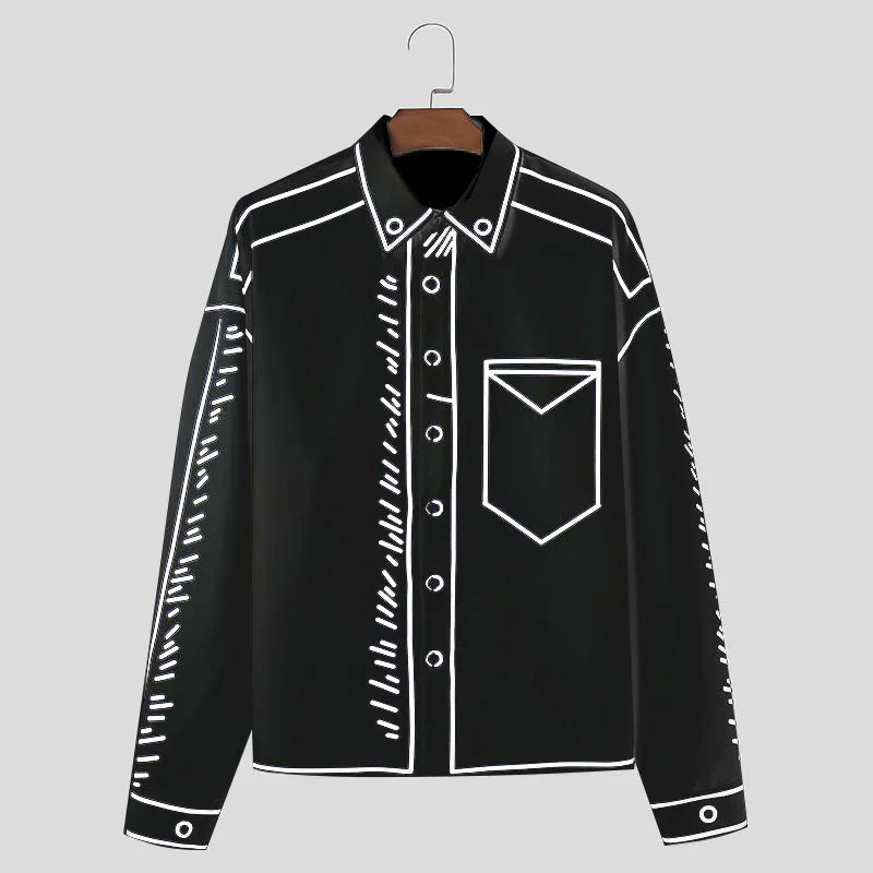 INCERUN Handsome Men Tops 2024 Manga Cartoon Printed Line Shirt Fashion Male Streetwear Hot Sale Loose Long Sleeved Blouse S-5XL