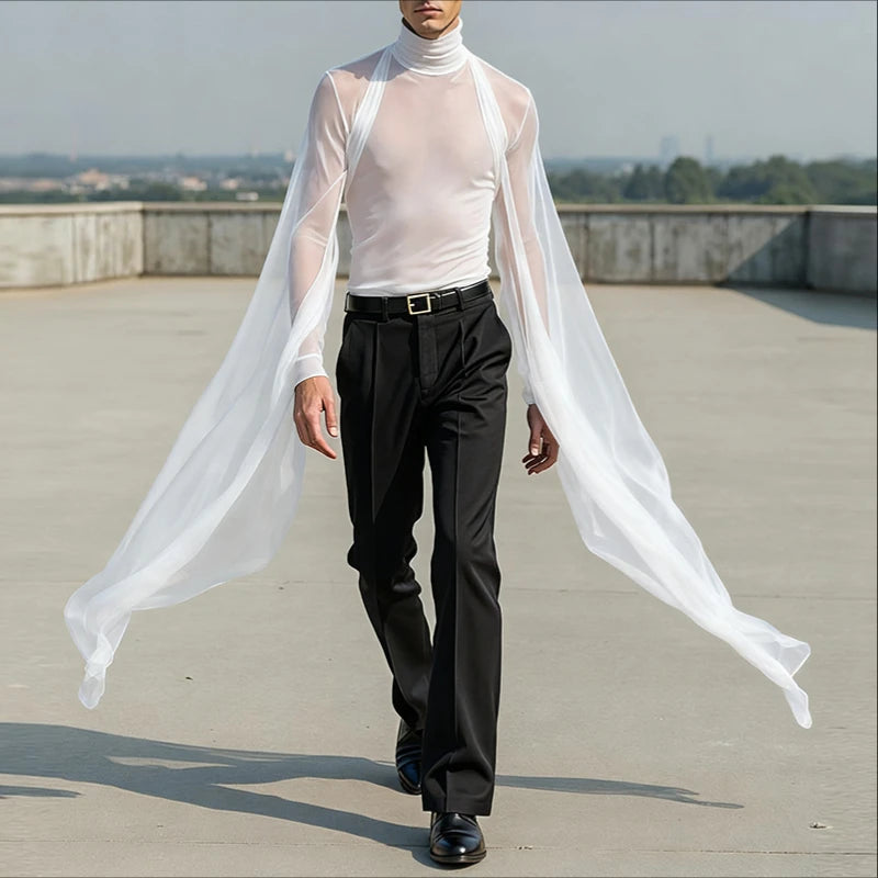Men T Shirt Mesh Patchwork Turtleneck Long Sleeve See Through Men Clothing Streetwear Sexy Fashion Irregular Tee Tops