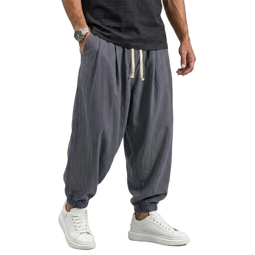 Korean Linen Cotton Pants Men's Gym Man Trousers Casual Work Pants Man Spring Harem Pants Autumn Drawstring Loose Streetwear Man