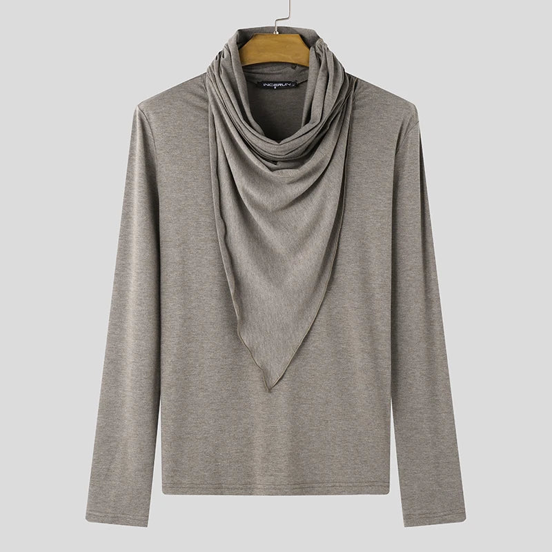 Fashion Casual Tops INCERUN New Men Pile Collar Design Ruffle Edge T-shirts Male City Walk Solid All-match Long Sleeved Camiseta