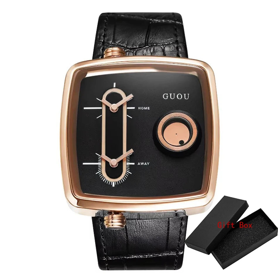 GUOU Unisex Square Quartz Watch | Dual Time Zone | Genuine Leather Strap | Water Resistant | Fashion Wristwatch | FREE SHIPPING ⌚✨