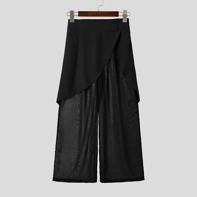 Men's Mesh Patchwork Wide Leg Pants Loose Fit See-Through Streetwear Trousers
