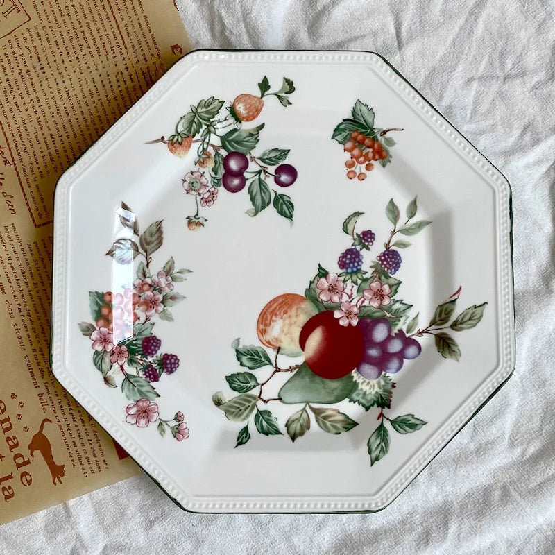 Underglaze Hand-Painted Green Octagonal Plate – Country Fruit Peach & Berry Dinnerware