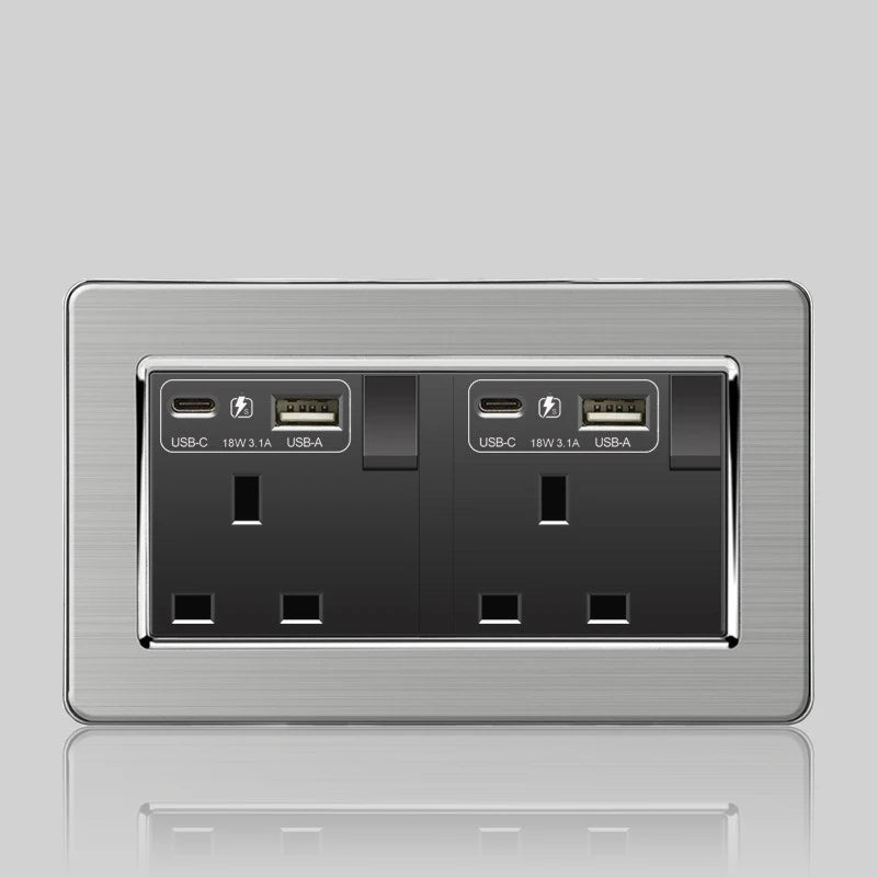 Wall LED Light Universal Switch Stainless steel Panel,EU UK USB Type-c 18W Fast Charging Plug socket 1 2 3 Gang 1 2 Way switch