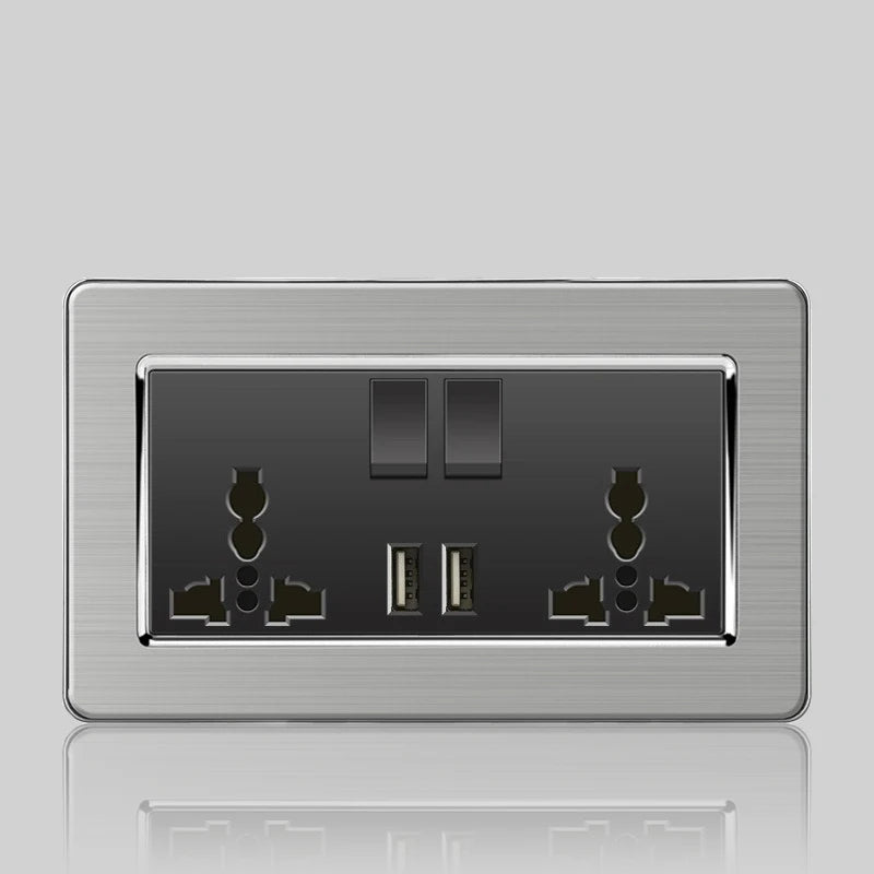 Wall LED Light Universal Switch Stainless steel Panel,EU UK USB Type-c 18W Fast Charging Plug socket 1 2 3 Gang 1 2 Way switch