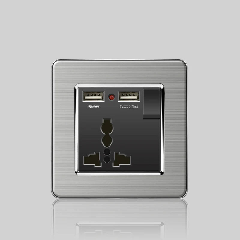 Wall LED Light Universal Switch Stainless steel Panel,EU UK USB Type-c 18W Fast Charging Plug socket 1 2 3 Gang 1 2 Way switch